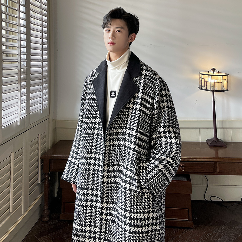 Chanel style houndstooth woolen overcoat men's winter thick suit jacket design high-grade Korean style trench coat mid-length