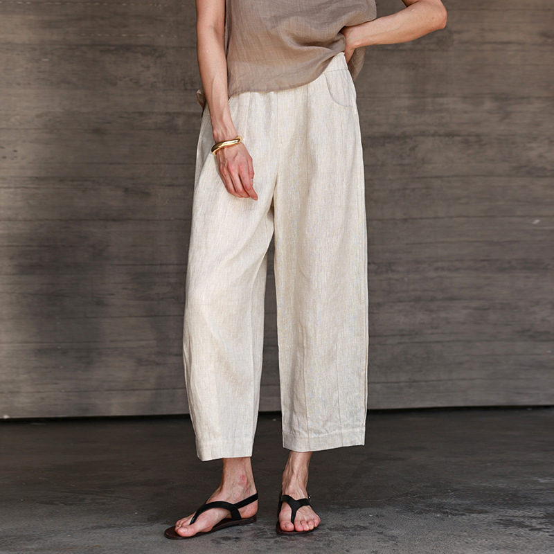 26 Spring Old Money Style Pure Linen Nine-Point Pants for Women, Elastic Waist Carrot Pants, Loose Long Pants, Versatile Slimming Straight-Leg Pants
