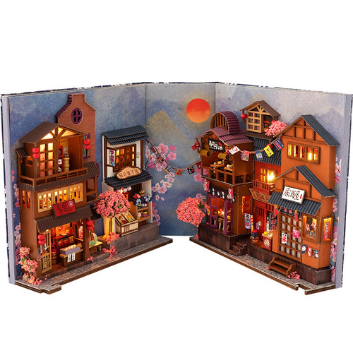 Cross-border diy cabin 3D three-dimensional assembled wooden bookend model toy cherry blossom nostalgic decoration Valentine's Day gift