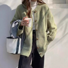 日系慵懒风圆领长袖毛衣外套女秋冬新款软糯针织开衫宽松上衣外穿