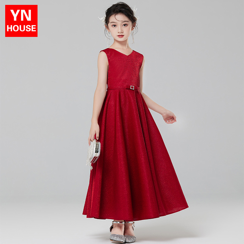 Vestido de noche de las niñas rojo niña de las flores Niña de la boda de alta gama princesa vestido otoño niños anfitrión piano traje