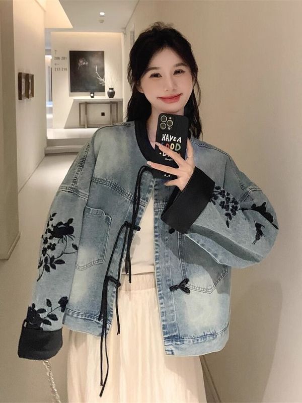 新中式碎花刺绣国风牛仔外套女春秋新款感流行小个子上衣|undefined