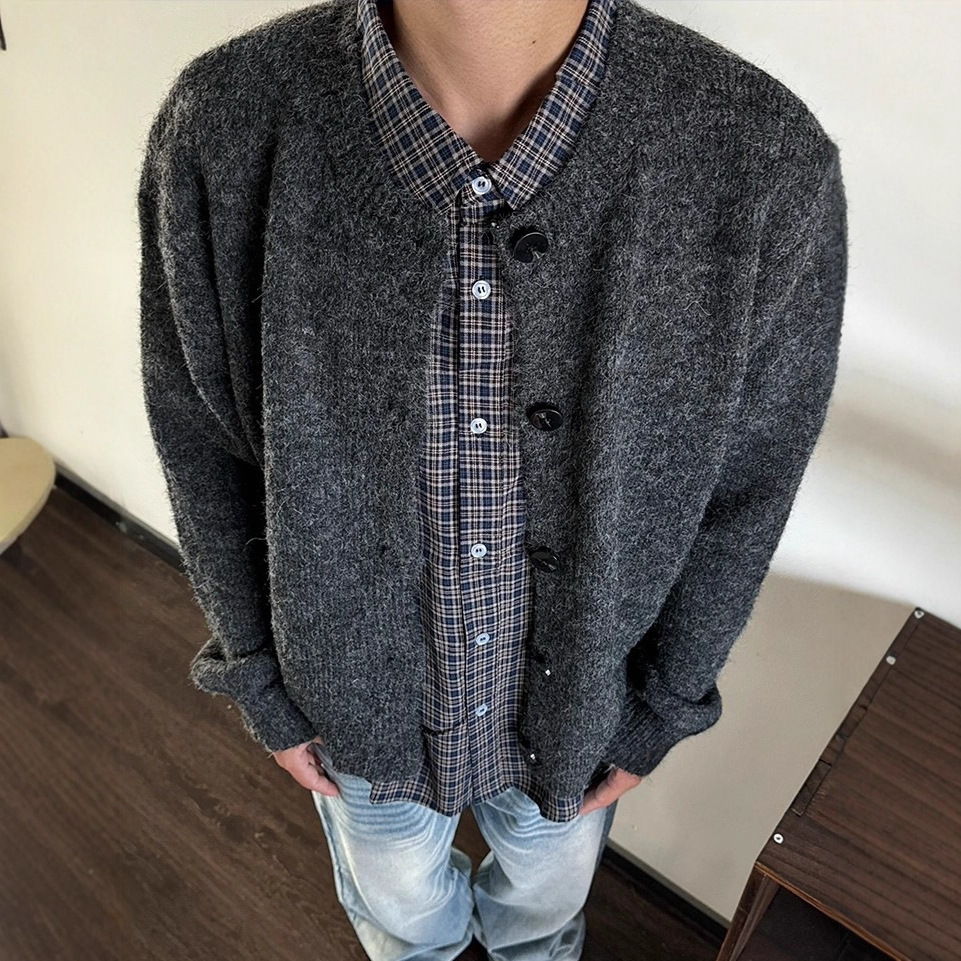 American Retro Cardigan Knitwear Men's Autumn and Winter Casual Lazy Style High-End Round Neck Knitwear Jacket