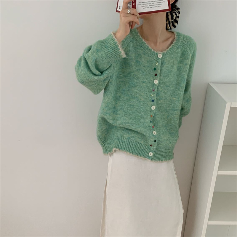 温柔风软糯圆领不规则彩扣毛衣外套女秋冬新款宽松针织开衫上衣女|undefined