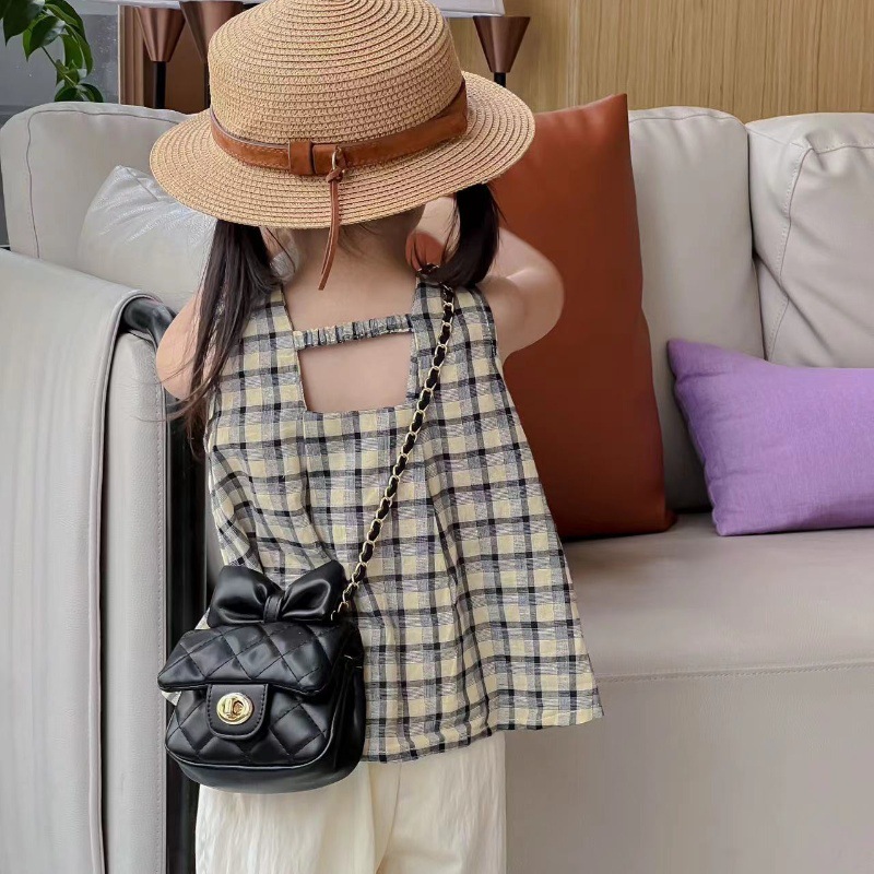 Mini bolso de hombro para niña, lindo lazo, cadena de moda, bolso de mensajero para niños, bolso de accesorios para niños rómbico