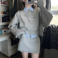 （现货）甜美风蝴蝶结套头卫衣内搭条纹衬衫早秋高腰半身裙三件套