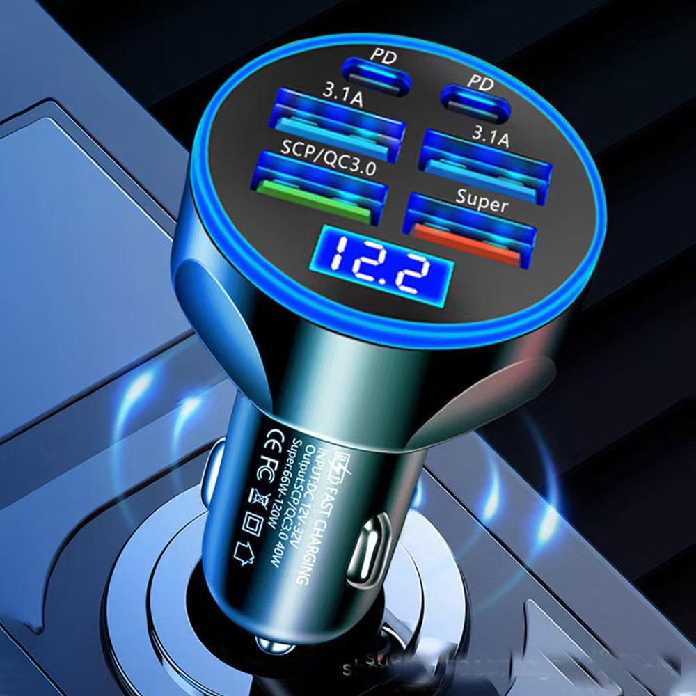 New 6-Port Digital Display Car Charger 66W Fast Charging Six-In-One Super Fast Charging Car Charger Pd Mobile Phone Charging Head