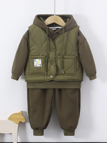 Children's Autumn/Winter Vest Set of 3, Hooded Outerwear Baby Suit for Boys, Thick Warm Clothing for Kids