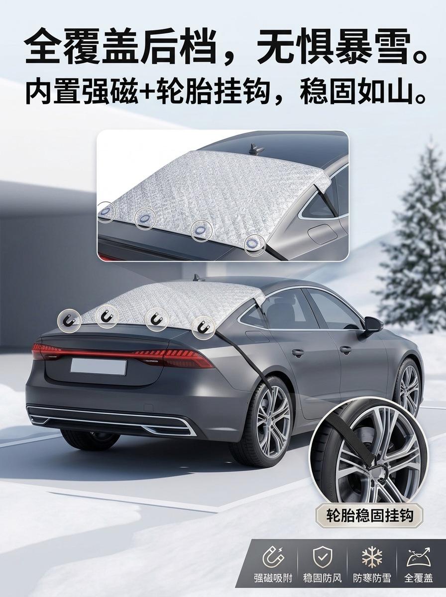 Car rear window snow cover, thickened, sun-proof, UV-resistant, magnetic rear windshield cover, winter frost and freeze protection