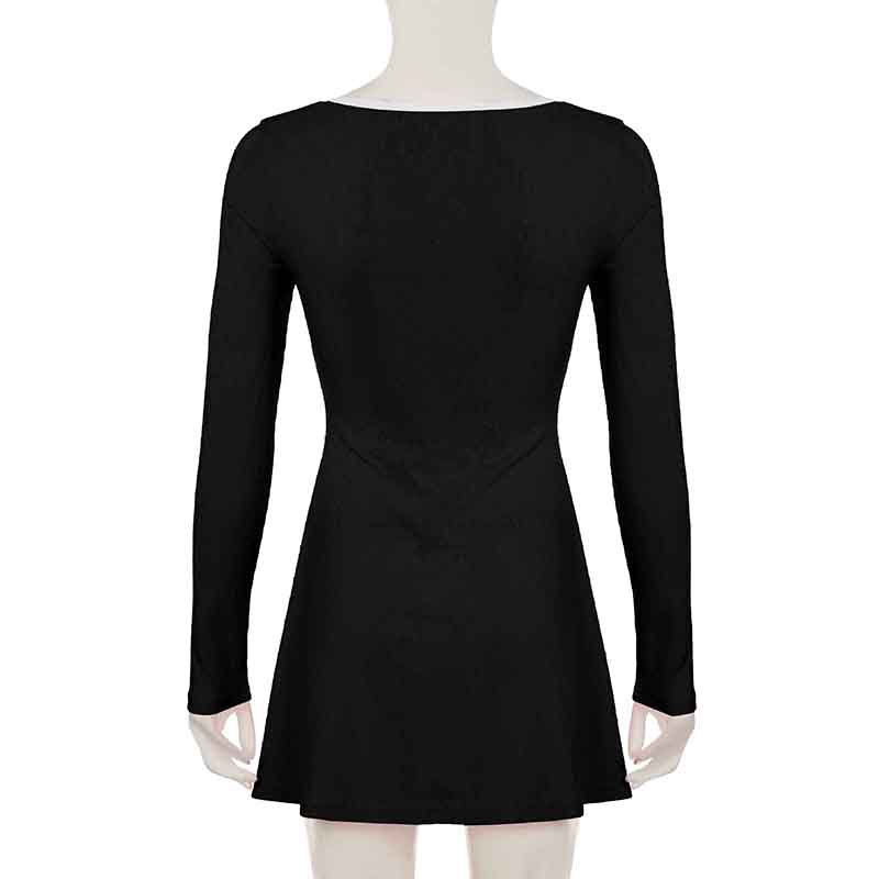 Sexy Girlish Lace Stitching Pleated Tie V neck Long Sleeve Dress Slimming Cinched Short Dress