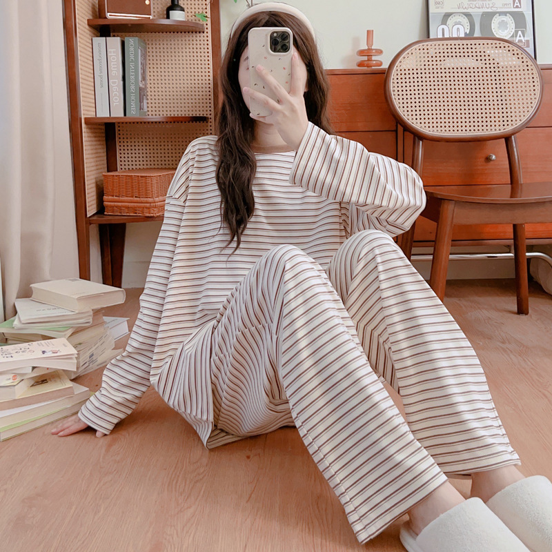 Striped Long-Sleeve Pajamas for Women, New Autumn and Winter Warm Thin Fleece Loose Plus Size 100kg Men's Loungewear Outerwear Set