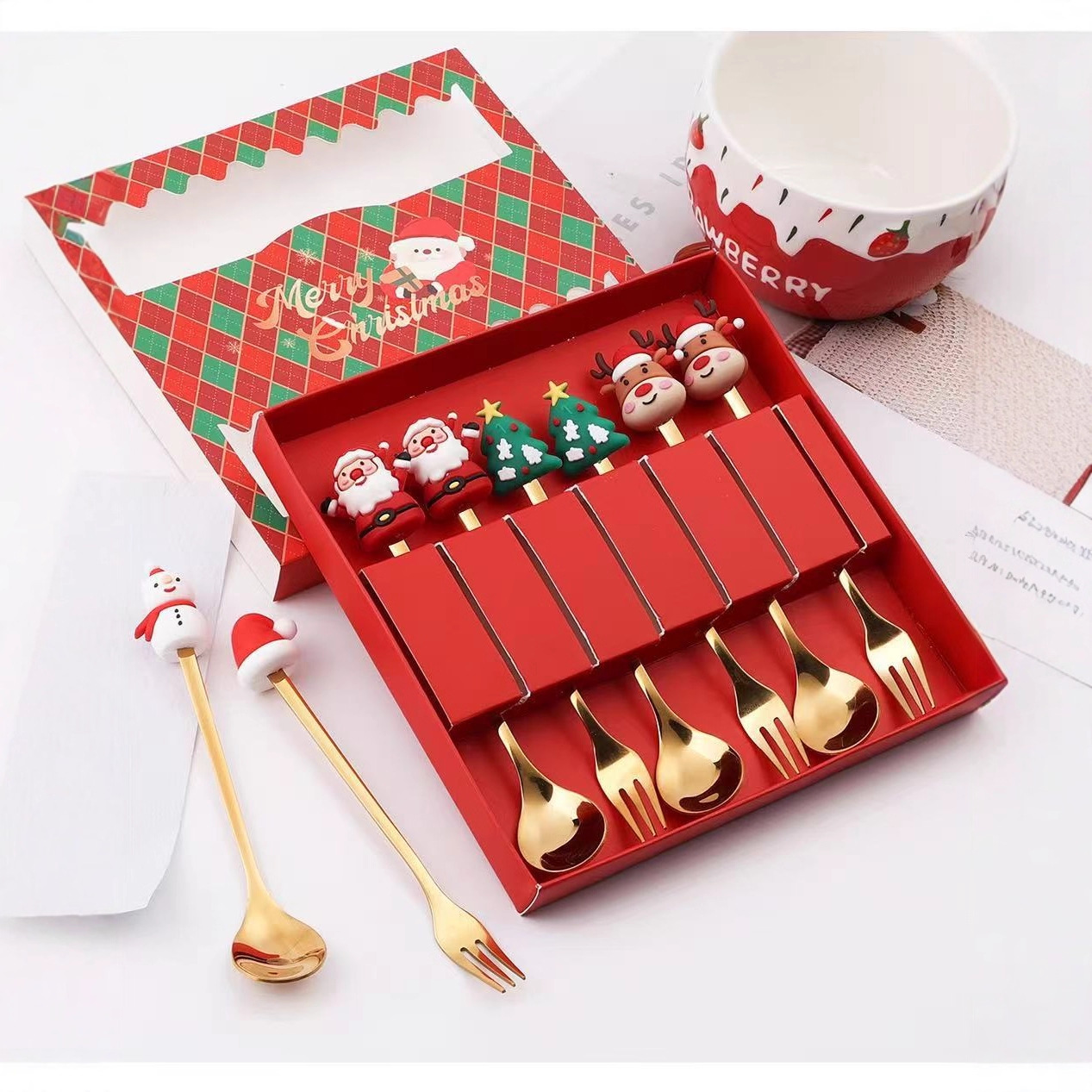 Cuchara de Navidad transfronteriza horquilla cubiertos de acero inoxidable árbol de Santa Claus cuchara de postre dibujos animados creativo conjunto de regalos de Navidad