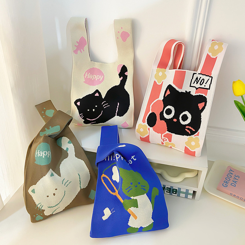 Knitted Bag Niche Design Cute Cat Handbag Large Capacity Hand Bag Casual Small Square Bag Lunch Box Bag