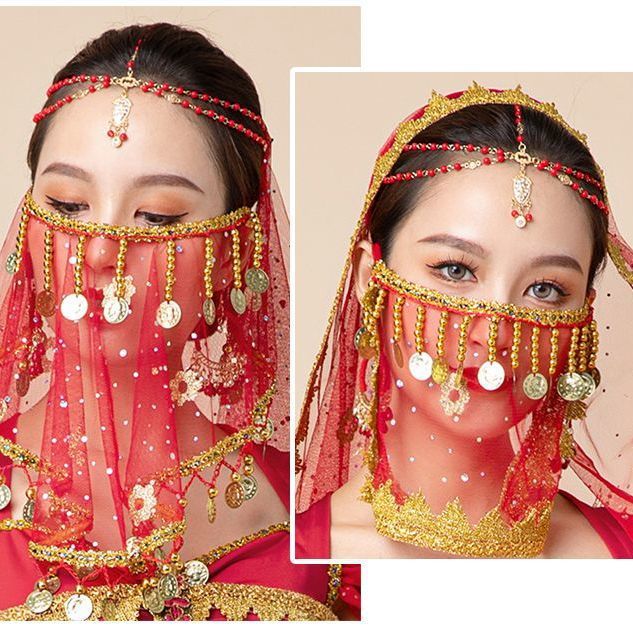 Indian dance belly dance woven veil Bohemian ethnic style retro round teardrop headdress tassel head chain
