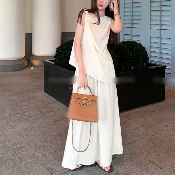 清冷文艺韩系新款套装不对称扭结吊带背心+松弛感压褶大摆半身裙|undefined