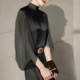 多巴胺法式黑色雪纺衬衫女长袖春秋新款漂亮小衫洋气独别致上衣