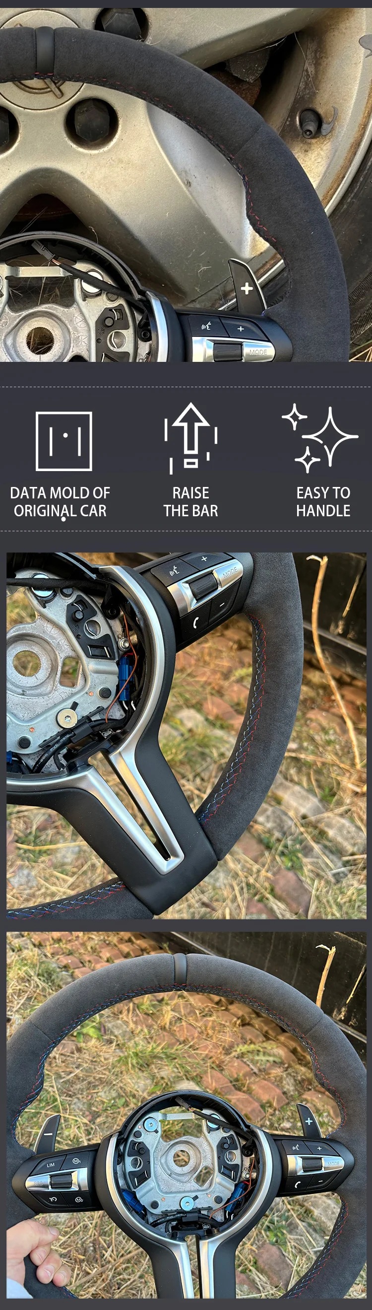Suitable for BMW F series chassis 3 series 5 series full suede leather painted black button frame steering wheel assembly