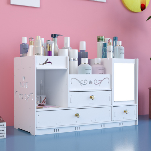 Desktop cosmetics storage box, large capacity, portable drawer type with mirror, home jewelry and skin care product storage shelf