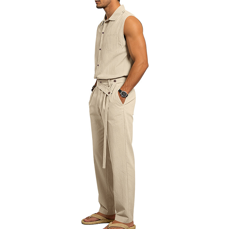 Men's Linen Blend Short Sleeve Shirt And Pants Set Breathable Casual Summer Outfit Comfortable Relaxed Fit_viptrois.com