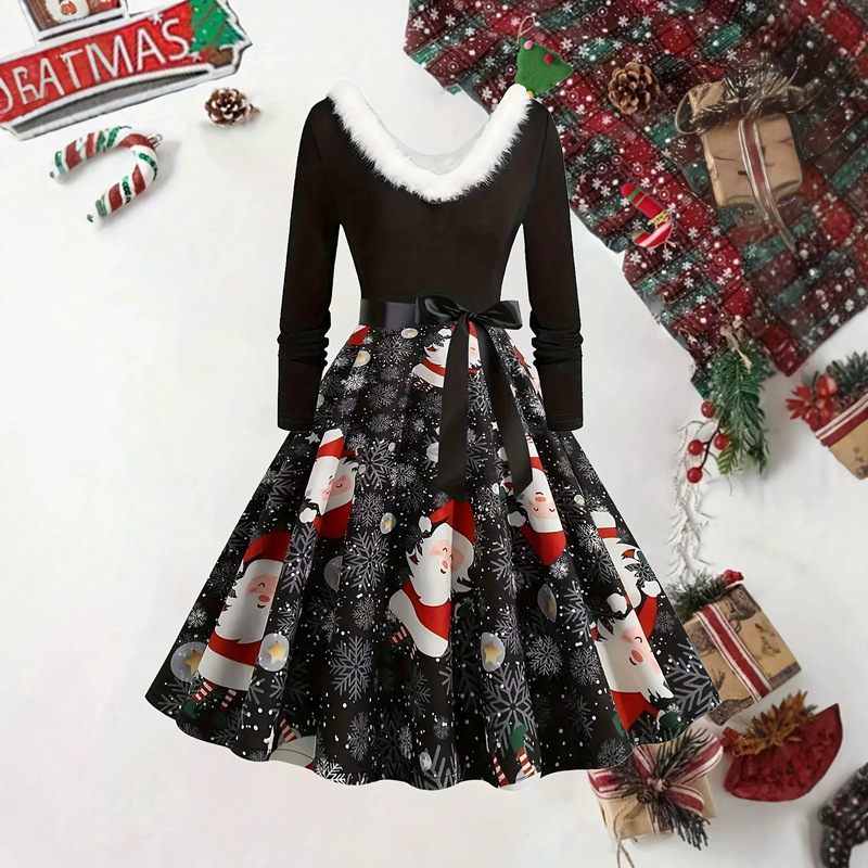 Printed dress for women, V-neck, long-sleeved, A-line dress, mid-length, waist-cinching, large hem dress for holiday parties and Christmas parties