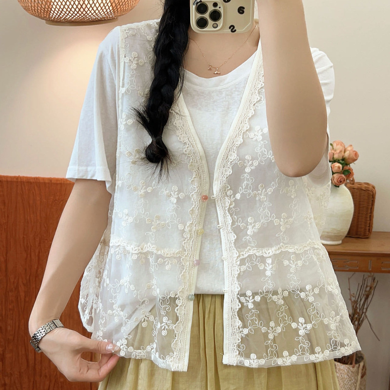 26 Spring/Summer Women's Lace Cardigan Sleeveless Vest Sweet Loose Casual Thin V-Neck Hollow Out Vest