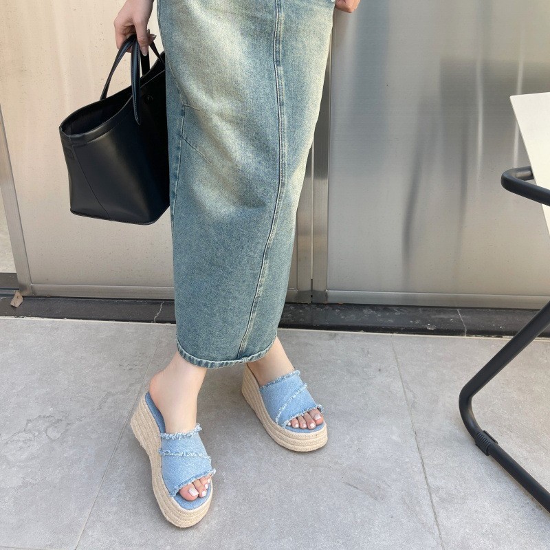 Sandali con zeppa in denim stile francese da donna con paglia_voghion.com