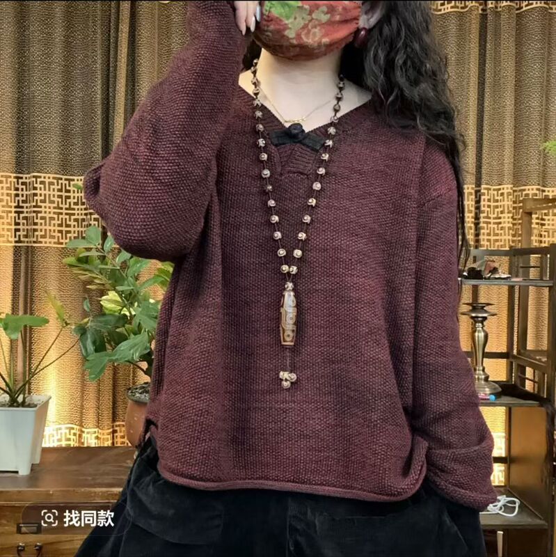 26 Autumn Korean-style loose-fit retro simple round-neck button-front short sweater, versatile casual knit top for women