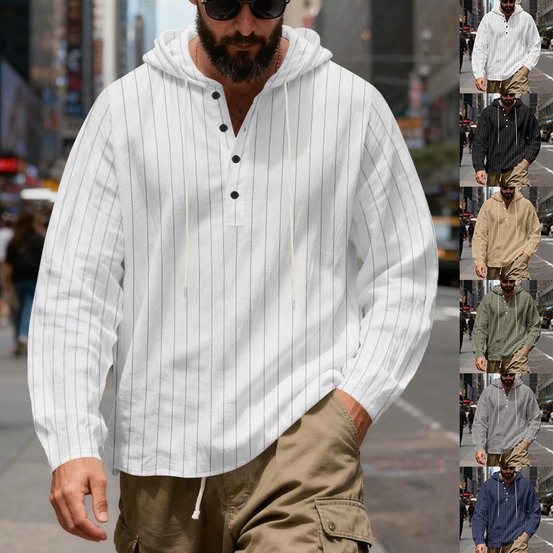 Cross-Border Amazon American Spring and Autumn Men's Loose Large Size Casual Linen Striped Henry Long-Sleeved Hooded Shirt