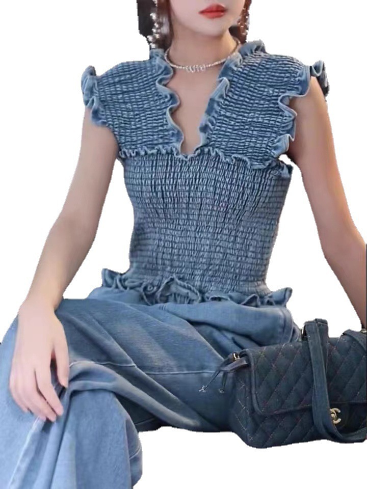 Bộ jumpsuit denim mùa hè FL222347 dành cho nữ, phong cách nhẹ nhàng sang trọng, tôn dáng, kiểu dáng mới thời trang — Màu xanh lam