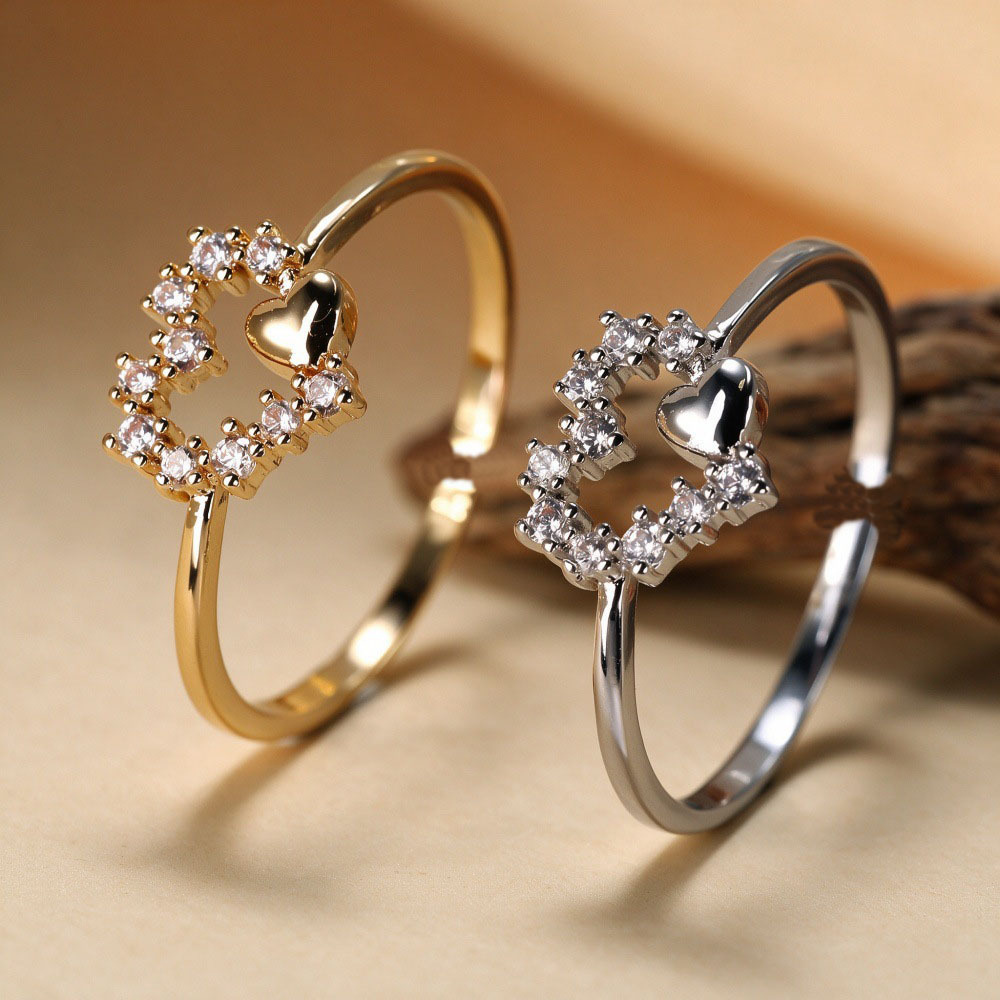 European and American cross-border bestseller: diamond-encrusted heart-shaped hollow ring for women, simple and stylish, versatile for everyday wear, heart-shaped finger ring jewelry
