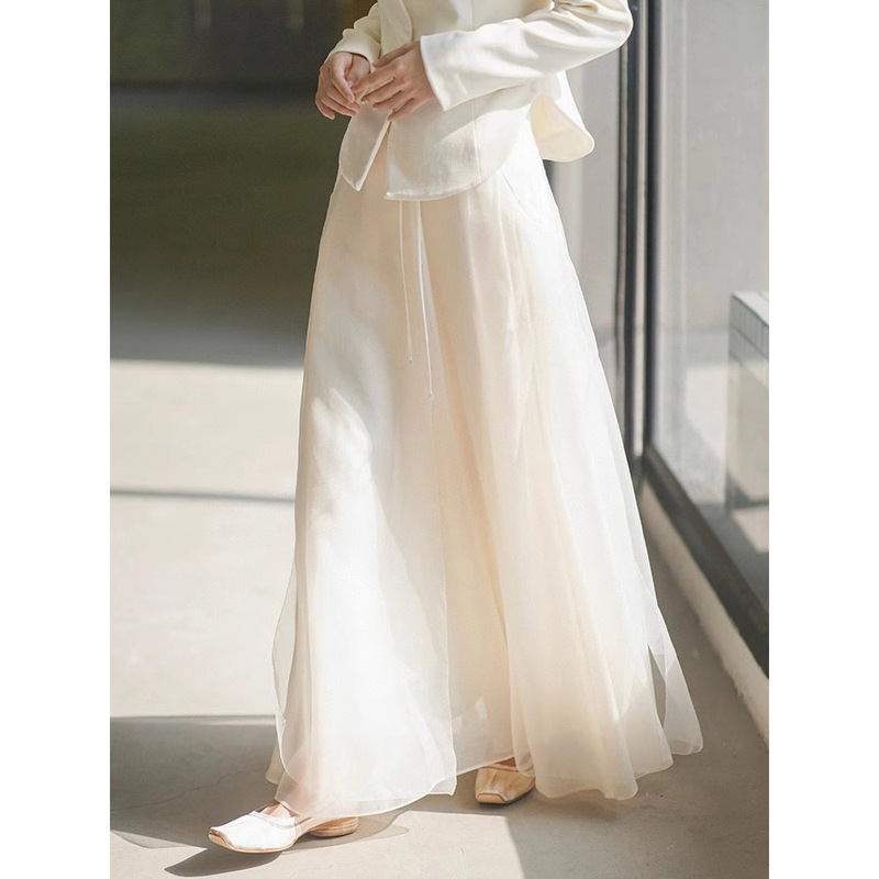 New Chinese-Style Elegant Fairy Skirt 2025 Spring and Autumn New White National Style Retro Mid-Length Mesh Skirt