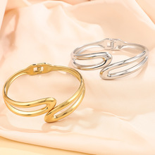 欧美时尚简约ins风开口手镯女小众设计感不锈钢手镯光面线条手饰