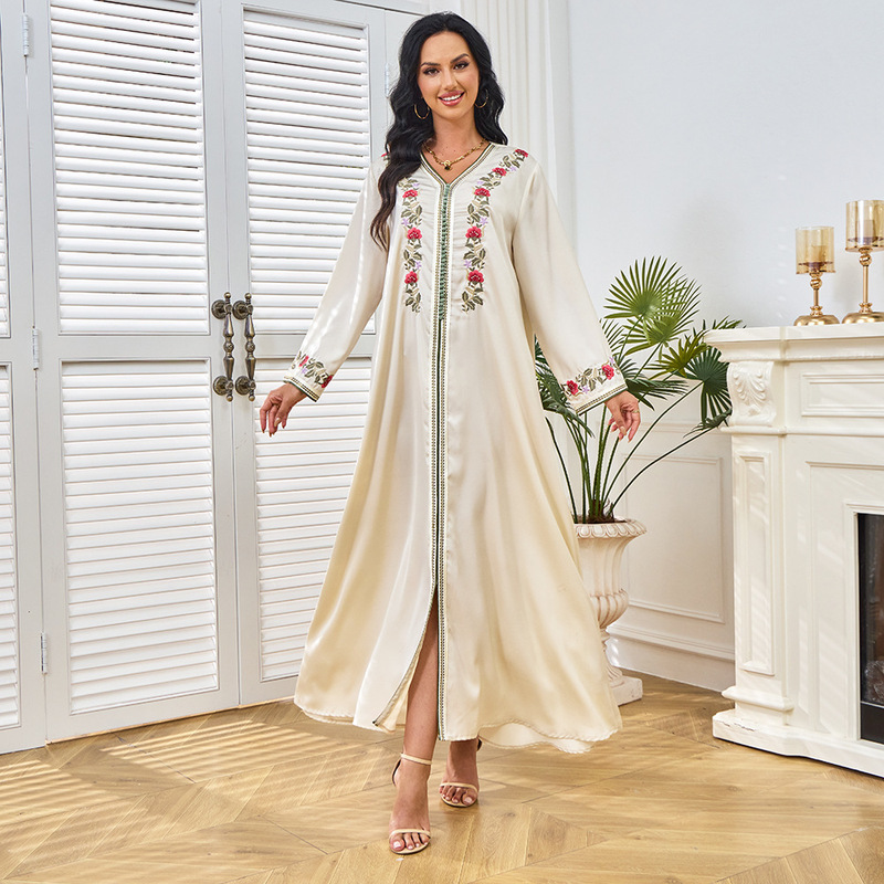 MT248 Middle East Dubai Turkey Solid Color Tiktok AliExpress Summer New Embroidered Robe Bottom Split