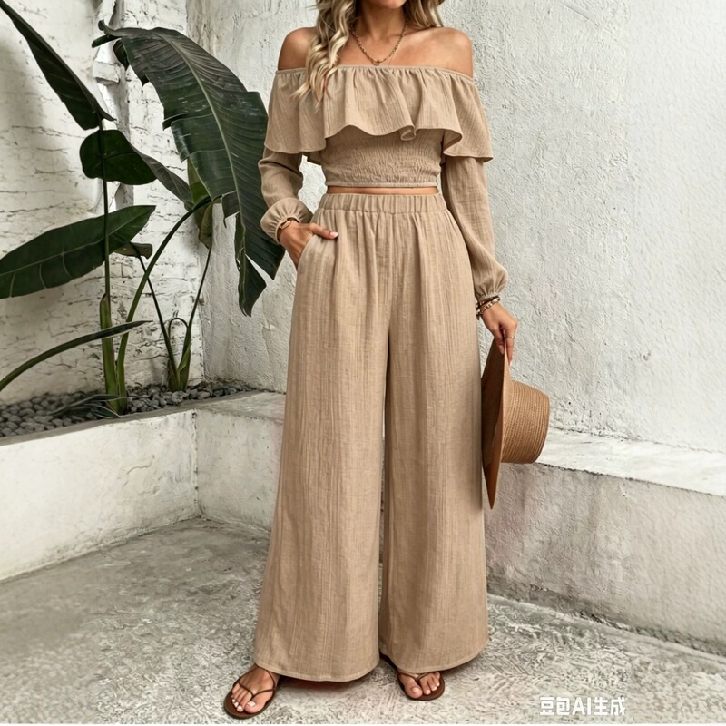 2026 Cross-Border European and American Style Off-Shoulder Ruffled Long Top Paired with High-Waisted Wide-Leg Pants Casual French-Style Women's Set