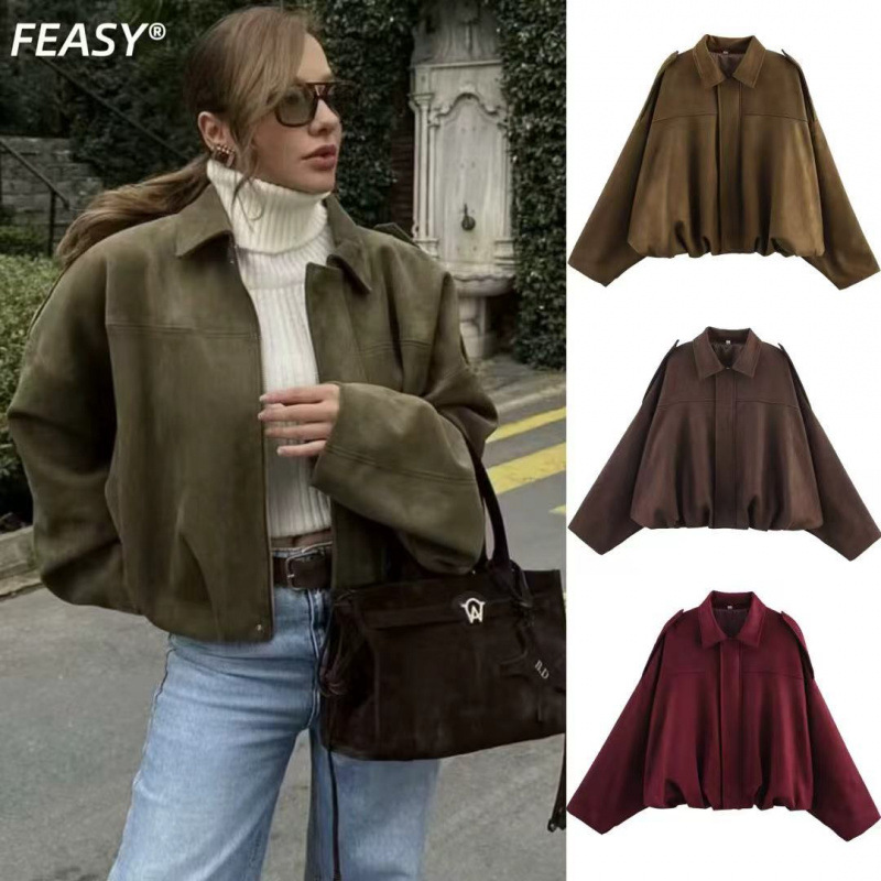 Aliexpress Cross-Border Wholesale European and American Clothing 2025 Fashion Bomber Jacket Bat Sleeve Zipper Casual Top
