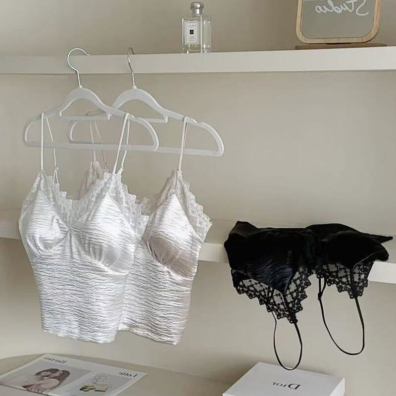 French-Style Flowing Satin Lace Camisole with a Luxurious Glossy Finish, Comfortable Base Layer Underwear with Chest Pads