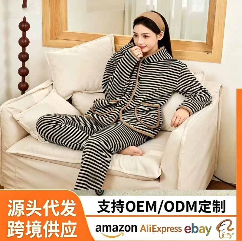 New autumn and winter fleece-lined thickened pajama set for women, coral fleece and lamb fleece, warm and suitable for outdoor wear, plus-size home wear for women