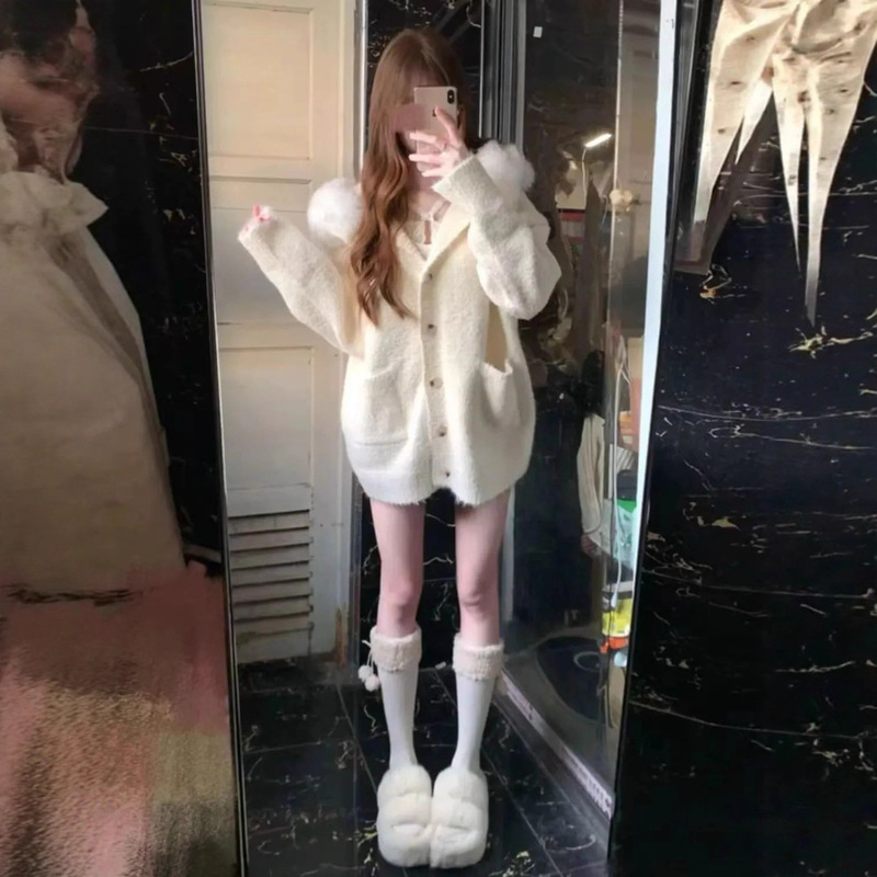 Hooded Milk Tart Sweater Jacket for Autumn and Winter, Pure Desire, Large Lazy Fur Collar, Thickened Loose Knitted Cardigan Top