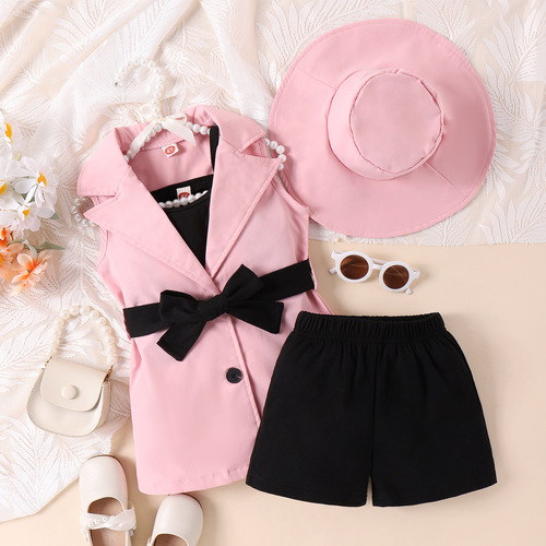 Summer Set for European and American Girls: Toddler Camisole Top + Shorts + Sleeveless Vest + Hat - Four-Piece Set