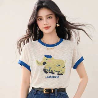 R6604减龄少女女装卡通可爱风撞色领针织女短袖宽松显瘦薄款休闲