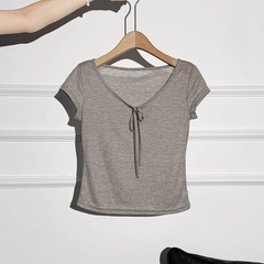 薄いデザインのレースアップUネック右肩半袖Tシャツ女性用2025夏新作ウエスト痩身気質トップ