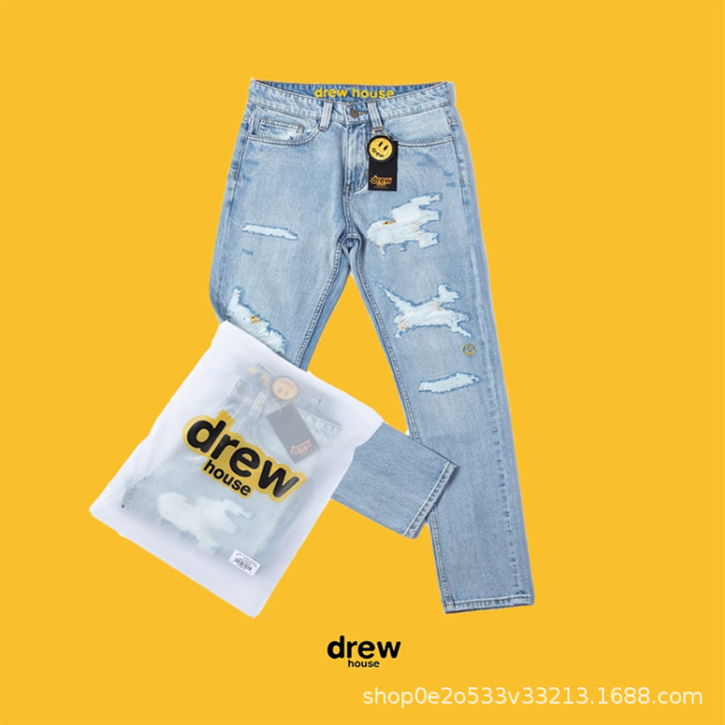 Drew Smiley Face Distressed Washed Embroidered Jeans Unisex Bieber and Ouyang Nana Same Style Trendy Same Model