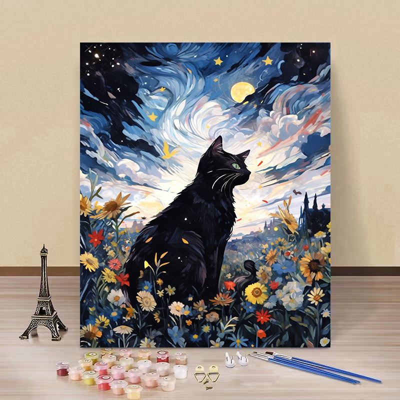 Pintura por números “Gato Estrellado” — arte DIY de fábrica al por mayor, estilo Van Gogh, flores y paisajes hechos a mano