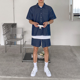 Men's summer shirt, retro denim skirt, set, with short sleeve, Korean style