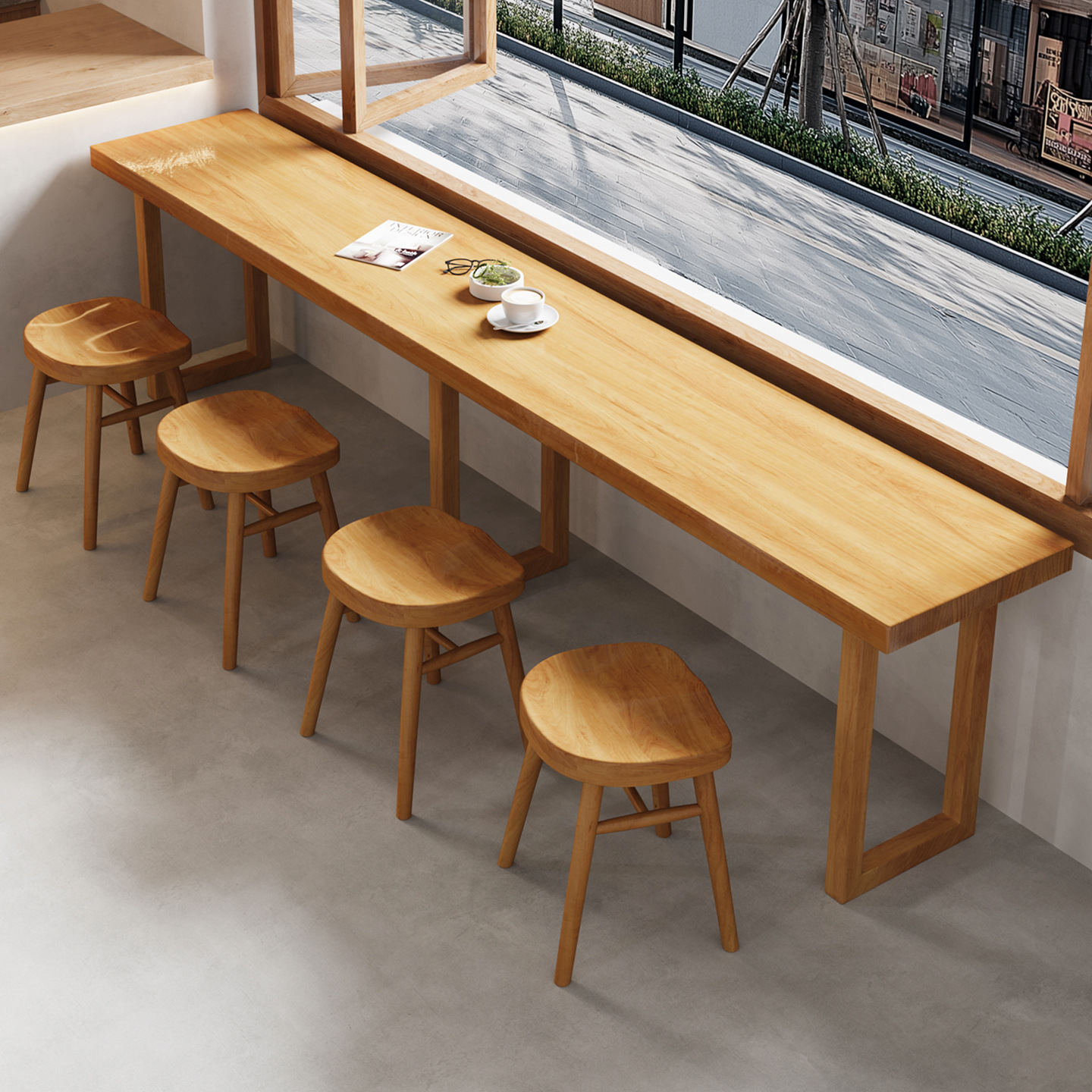 Simple Solid Wood Low Bar Narrow Dining Table Snack Bar Noodle Shop Window Table and Chairs Trendy Café Long Wall Table