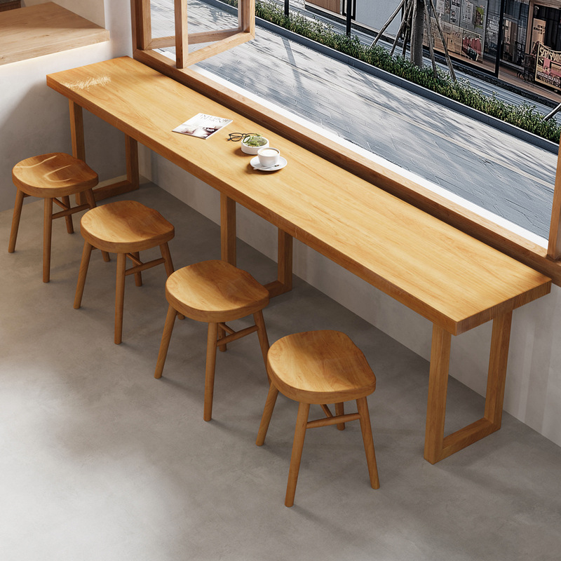 Simple Solid Wood Low Bar Narrow Dining Table Snack Bar Noodle Shop Window Table and Chairs Trendy Café Long Wall Table