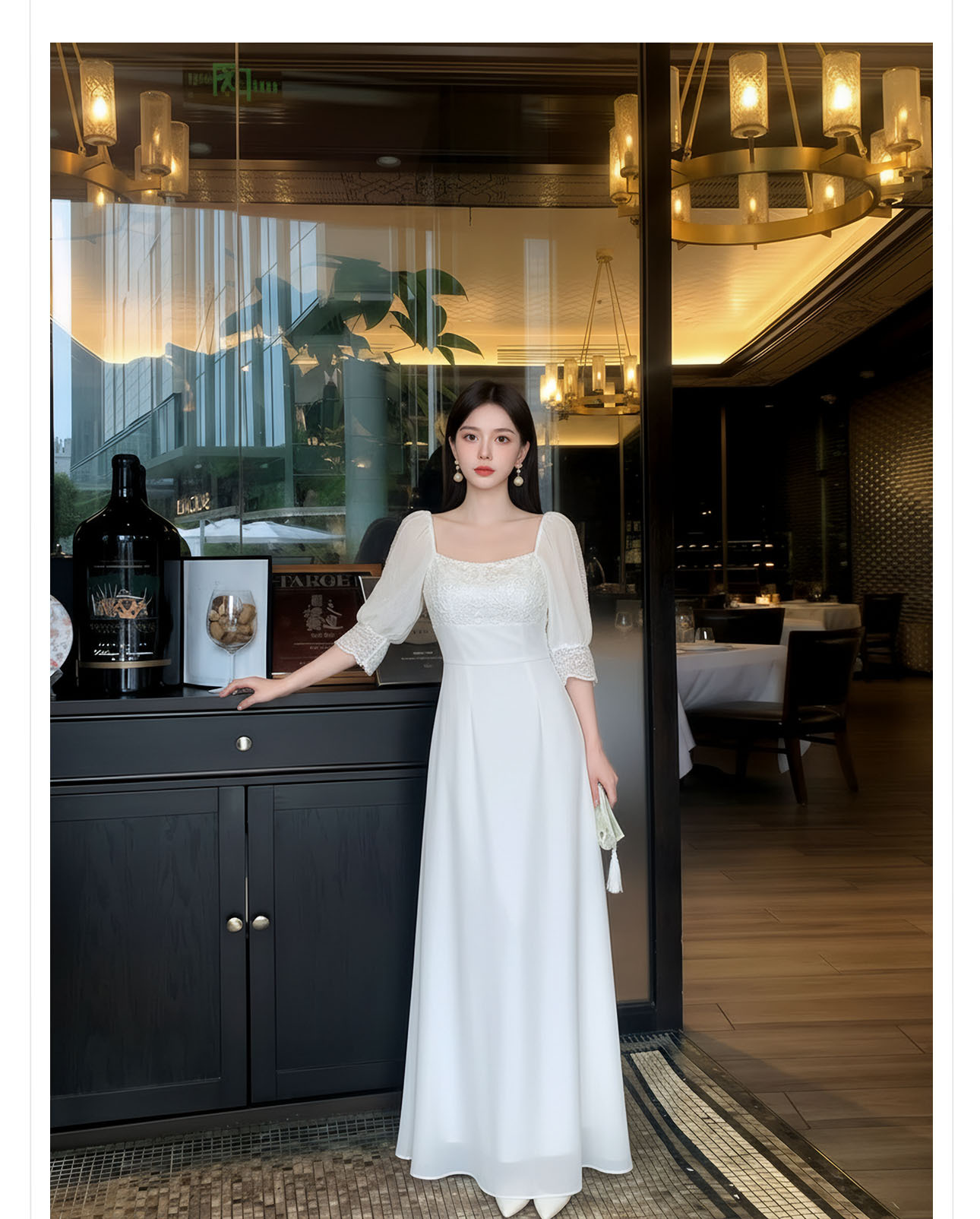 Đầm maxi nữ thắt eo tay dài ren cao cấp phong cách Pháp — màu trắng chi tiết 4