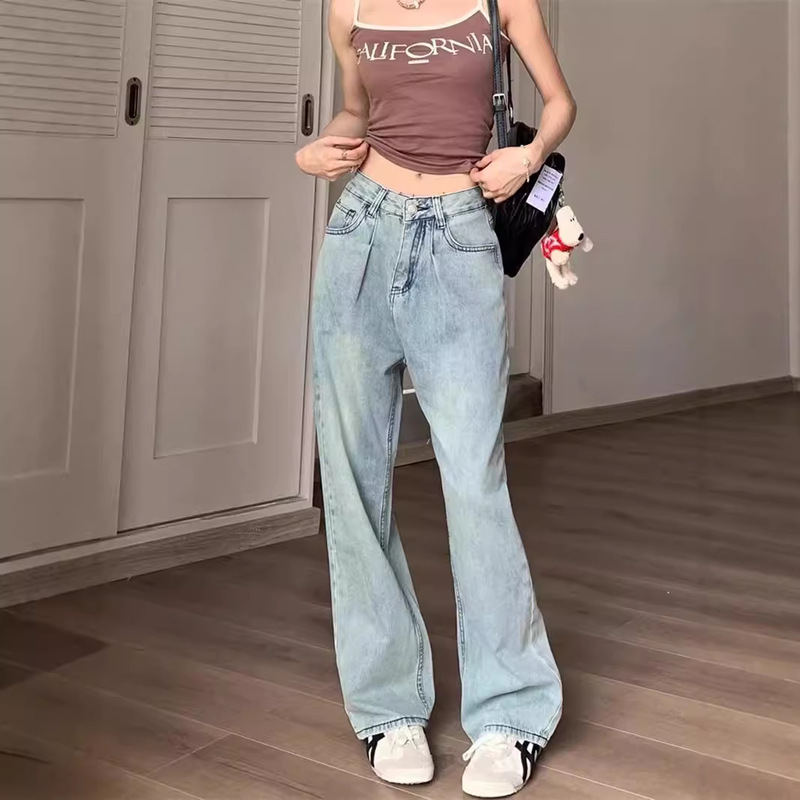 2024 New Style Straight Leg Jeans Women's Loose Slimming Wide Leg Trousers High Waist Light Color High Street All-match Long Pants 2024 New Style Straight Leg Jeans Women's Loose Slimming Wide Leg Trousers High Waist Light Color High Street All-match Long Pants