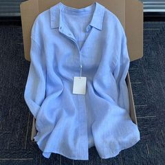 亚麻休闲棉麻翻领防晒上衣夏季新款薄款衬衫衬衣开衫外套宽松长袖