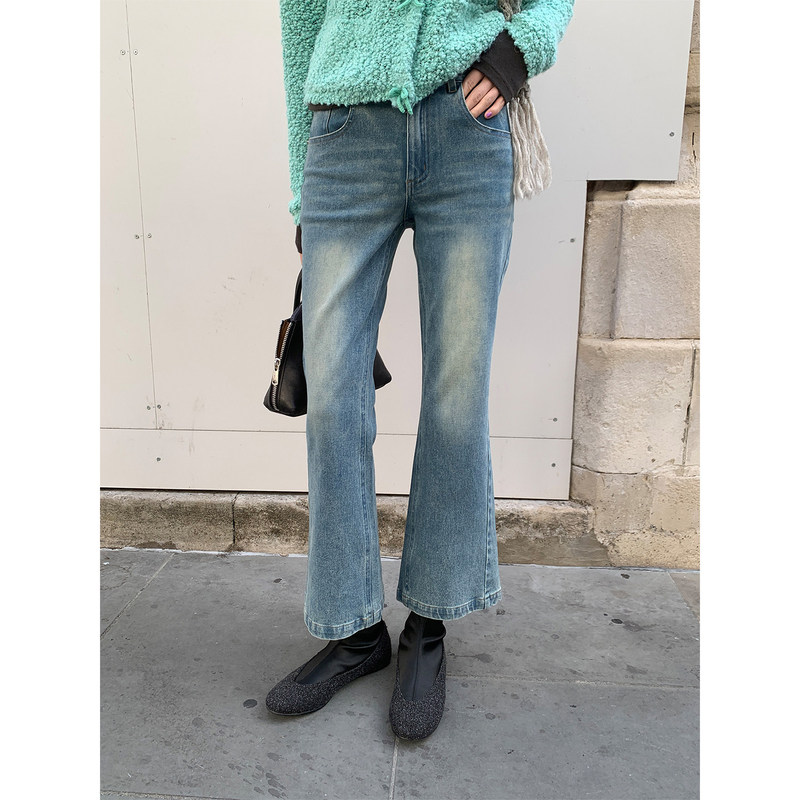 Mona Zhang supermodel bamboo-flared jeans/vintage washed cropped pants slim-fit leg-lengthening trousers for women